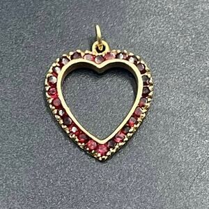 14 K Yellow Gold and Round Red Garnet Open Heart Pendant Charm 2.7 Grams .81 ctw